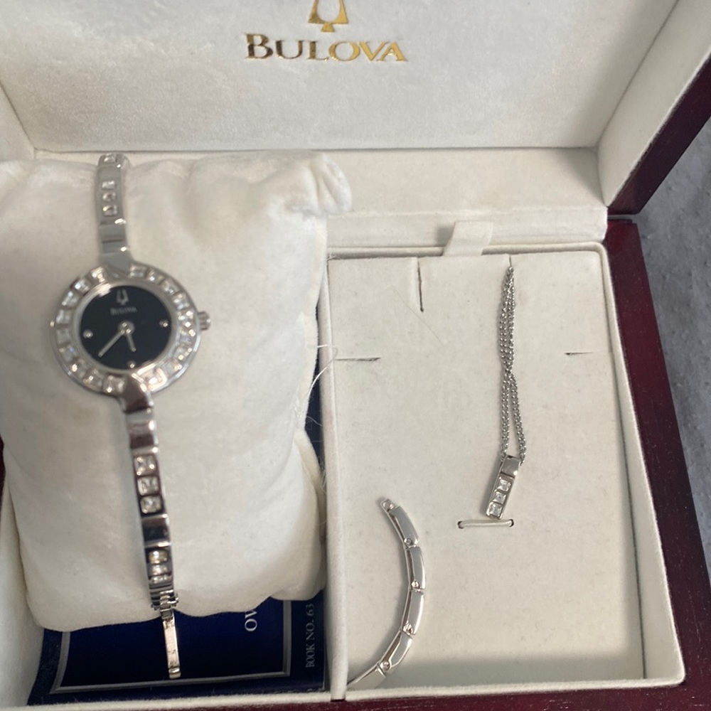 Bulova Women’s Watch Crystal Pave Watch, earrings and Necklace 96L87